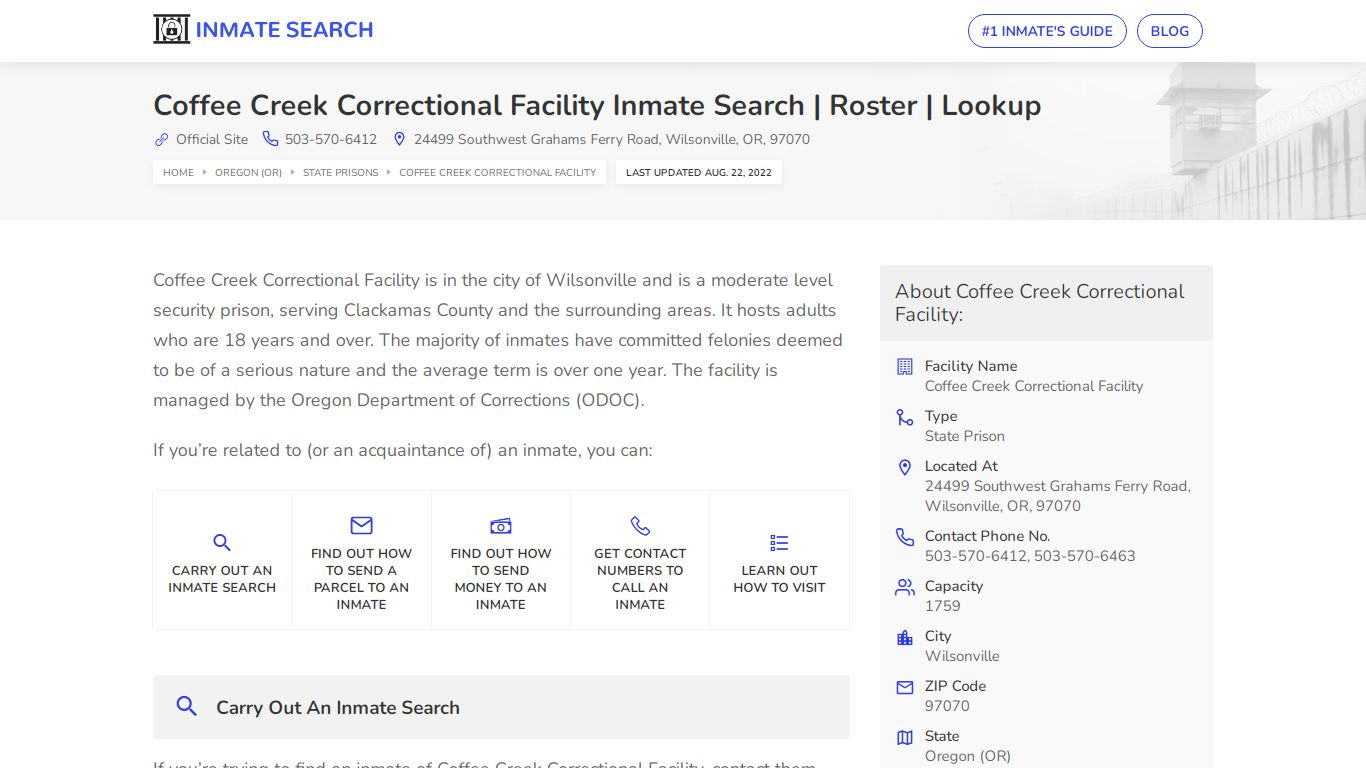 Coffee Creek Correctional Facility Inmate Search | Roster | Lookup