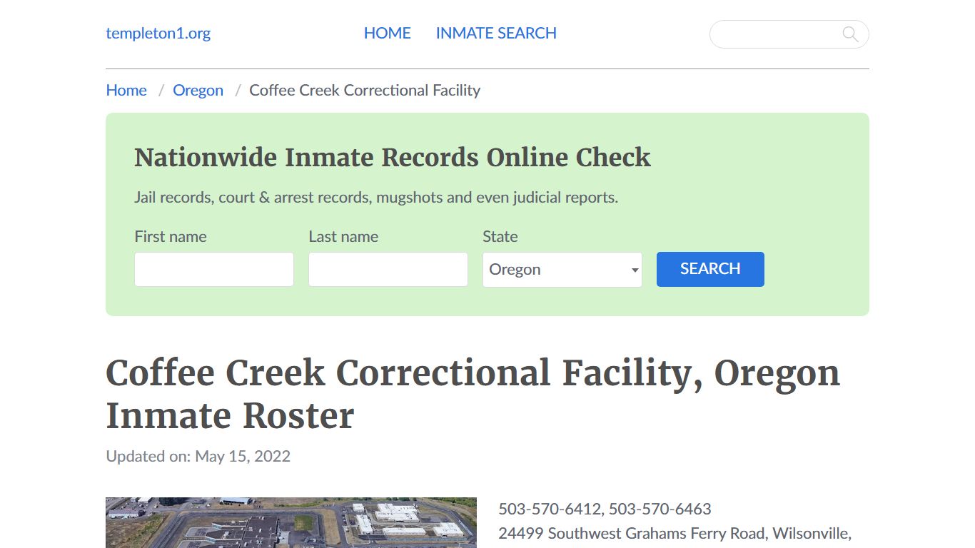 Coffee Creek Correctional Facility, Oregon Inmate Roster - Templeton
